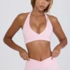 Brushed Jersey V-Neck Sports Bra in Pale Pink Marl