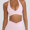 Brushed Jersey V-Neck Sports Bra in Pale Pink Marl