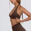 Brushed Jersey V-Neck Sports Bra in Pecan Marl