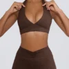 Brushed Jersey V-Neck Sports Bra in Pecan Marl