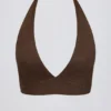Brushed Jersey V-Neck Sports Bra in Pecan Marl