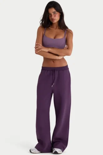 Brushed Jersey Wide-Leg Joggers in Plum