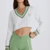 Cable Knit Cotton Cropped Jumper in Green Ivory