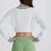 Cable Knit Cotton Cropped Jumper in Green Ivory