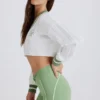 Cable Knit Cotton Cropped Jumper in Green Ivory