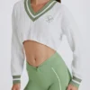 Cable Knit Cotton Cropped Jumper in Green Ivory