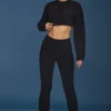 Cable Knit Foldover Flared Trousers in Black