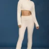 Cable Knit Foldover Flared Trousers in Cream