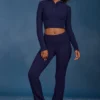 Cable Knit Foldover Flared Trousers in Navy