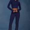 Cable Knit Foldover Flared Trousers in Navy