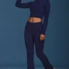 Cable Knit Foldover Flared Trousers in Navy