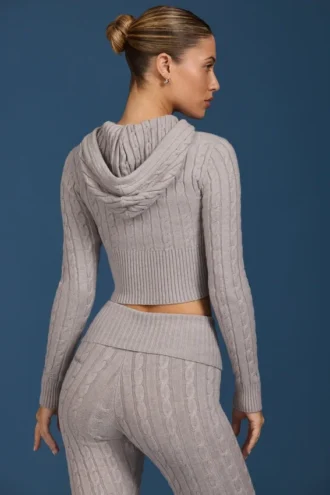 Cable Knit Zip-Up Hoodie in Grey Marl