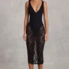 Caia Sheer Lace Scalloped Plunge Bodysuit Midaxi Dress in Black