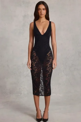 Caia Sheer Lace Scalloped Plunge Bodysuit Midaxi Dress in Black
