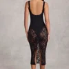 Caia Sheer Lace Scalloped Plunge Bodysuit Midaxi Dress in Black