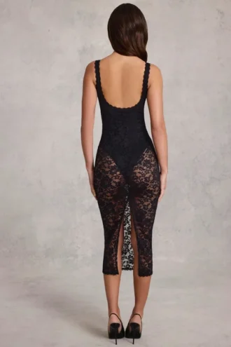 Caia Sheer Lace Scalloped Plunge Bodysuit Midaxi Dress in Black