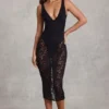 Caia Sheer Lace Scalloped Plunge Bodysuit Midaxi Dress in Black