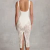 Caia Sheer Lace Scalloped Plunge Bodysuit Midaxi Dress in White
