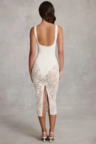 Caia Sheer Lace Scalloped Plunge Bodysuit Midaxi Dress in White