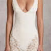 Caia Sheer Lace Scalloped Plunge Bodysuit Midaxi Dress in White