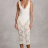 Caia Sheer Lace Scalloped Plunge Bodysuit Midaxi Dress in White