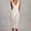 Caia Sheer Lace Scalloped Plunge Bodysuit Midaxi Dress in White