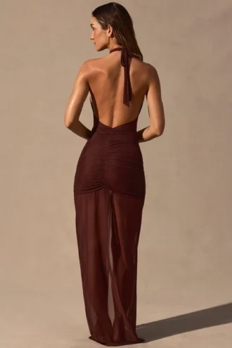 Caicos Cut-Out Halterneck Maxi Dress in Espresso Brown