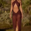 Caicos Cut-Out Halterneck Maxi Dress in Espresso Brown