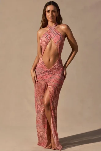 Caicos Cut-Out Halterneck Maxi Dress in Paisley Print