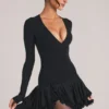 Cala V-Neck Ruffle Skirt Mini Dress in Black