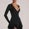 Cala V-Neck Ruffle Skirt Mini Dress in Black