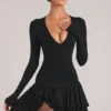 Cala V-Neck Ruffle Skirt Mini Dress in Black