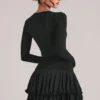 Cala V-Neck Ruffle Skirt Mini Dress in Black