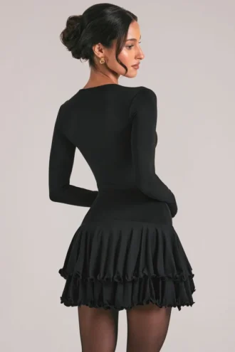 Cala V-Neck Ruffle Skirt Mini Dress in Black