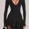 Cala V-Neck Ruffle Skirt Mini Dress in Black