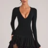 Cala V-Neck Ruffle Skirt Mini Dress in Black