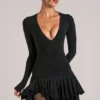 Cala V-Neck Ruffle Skirt Mini Dress in Black