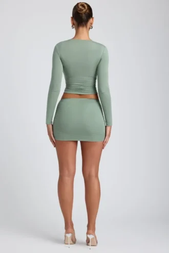 Cali Modal Ruched Mid-Rise Mini Skirt in Sage Green