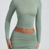Cali Modal Ruched Mid-Rise Mini Skirt in Sage Green