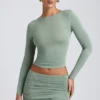 Cali Modal Ruched Mid-Rise Mini Skirt in Sage Green