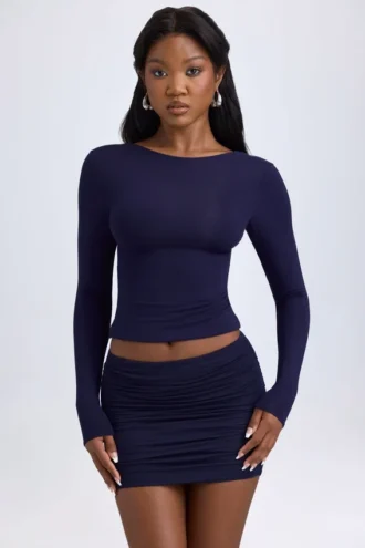 Cali Modal Ruched Mid-Rise Mini Skirt in True Navy