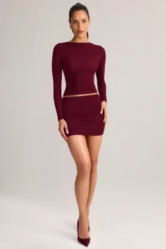 Cali Modal Ruched Mid-Rise Mini Skirt in Wine Red