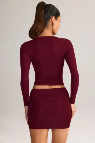 Cali Modal Ruched Mid-Rise Mini Skirt in Wine Red