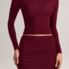 Cali Modal Ruched Mid-Rise Mini Skirt in Wine Red