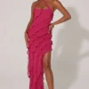 Calico Cross Strap Ruffle Floor Length Dress in Fuchsia