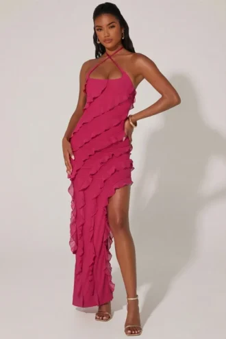 Calico Cross Strap Ruffle Floor Length Dress in Fuchsia