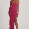 Calico Cross Strap Ruffle Floor Length Dress in Fuchsia
