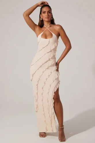 Calico Cross Strap Ruffle Floor Length Dress in Ivory