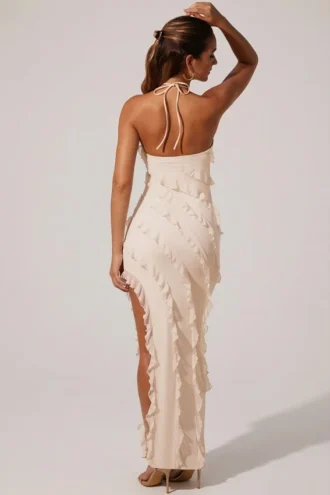 Calico Cross Strap Ruffle Floor Length Dress in Ivory