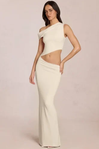Calisse Asymmetric Drape Maxi Dress in Ivory